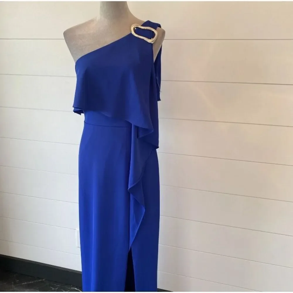 Halston Prussian Blue Joelle One-Shoulder Fluid Crepe Gown Size 2 NWT